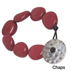 Chaps Red Beaded Bracelet w/ Silver Logo Button Closure. NWOT